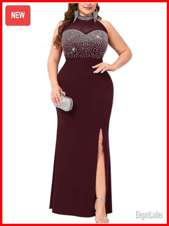 Dresses & Skirts - Plus Size Sexy Evening Gown Sparkly Rhinestone Bodice Halter Neck Maxi Dress